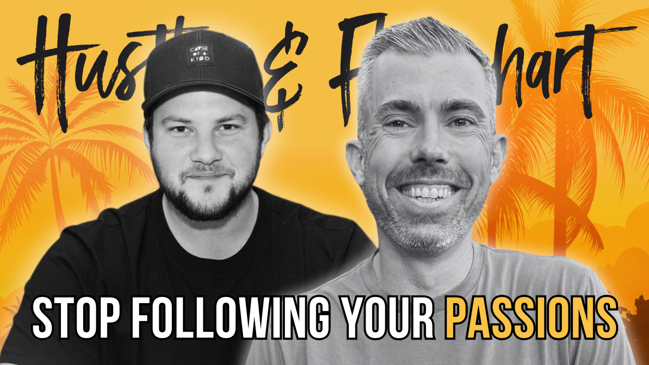 Joe Fier & Justin Abrams sitting next to each other with a yellow background and the text "Stop following your passions"