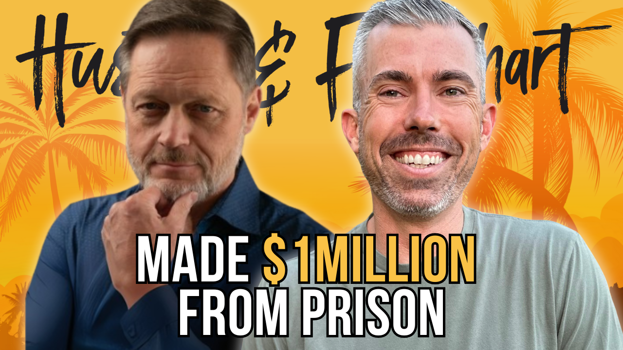 Aaron Young and Joe Fier in front of a yellow tropical background. Text in front reading "Made $1 Million From Prison"