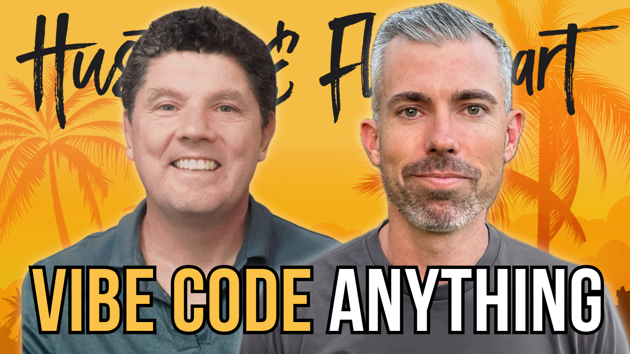 Bill McIntosh and Joe Fier in front of yellow tropical background. The text "Vibe Code Anything" is in front of them.