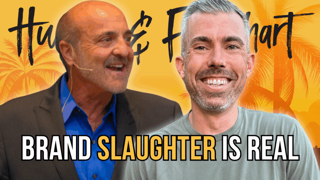 David Corbin and Joe Fier in front of a yellow tropical background with the logo for Hustle & Flowchart Podcast on it. Text in front of the two of them reading "Brand Slaughter Is Real"