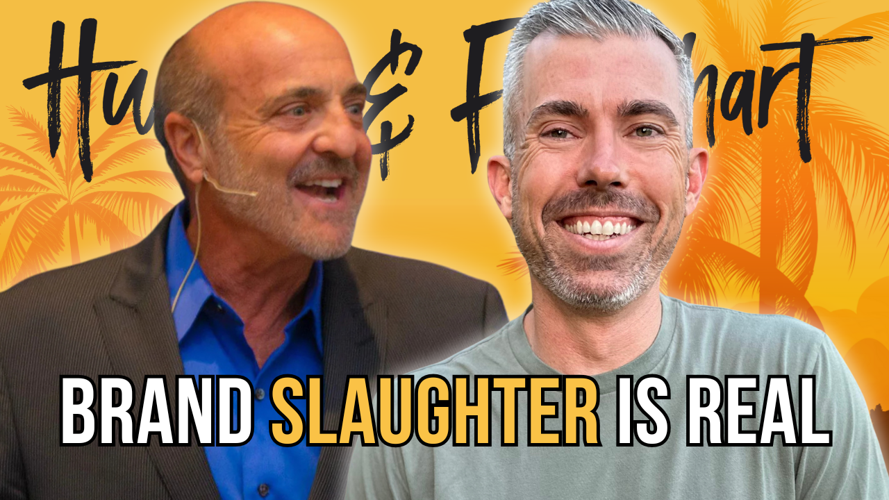 David Corbin and Joe Fier in front of a yellow tropical background with the logo for Hustle & Flowchart Podcast on it. Text in front of the two of them reading "Brand Slaughter Is Real"